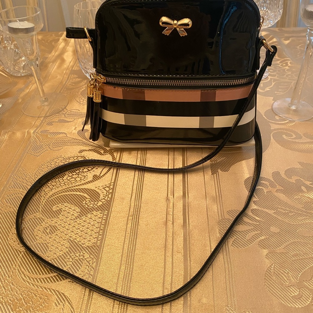 Black and Tan Crossbody Bag with Plaid Design and tiny Bow Tie